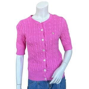 Y2K Ralph Lauren 3/4 Sleeve Bubblegum Pink Cable Knit Green Logo Cardigan Medium